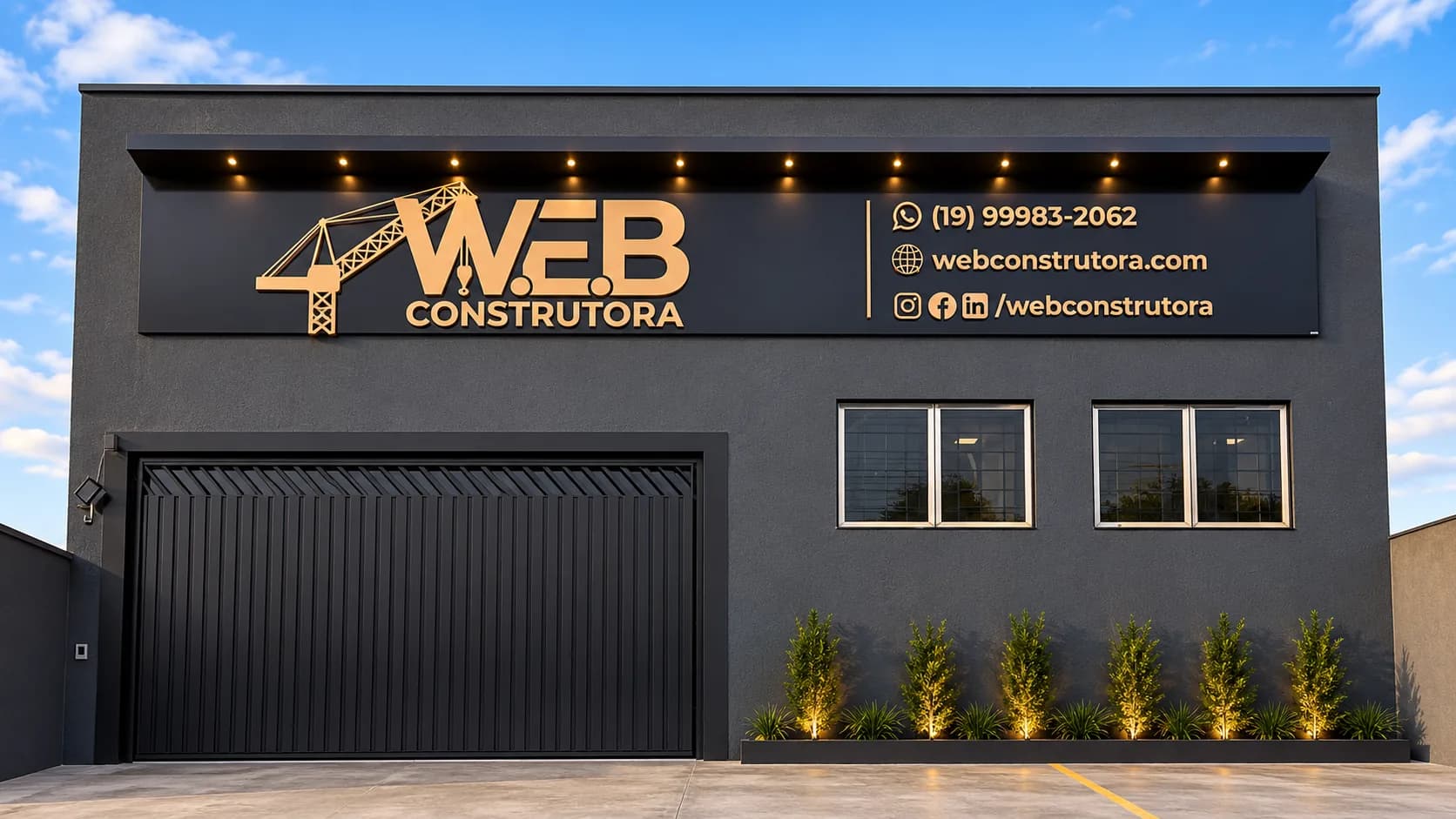 Fachada da W.E.B Construtora com logotipo dourado em relevo e iluminação no beiral