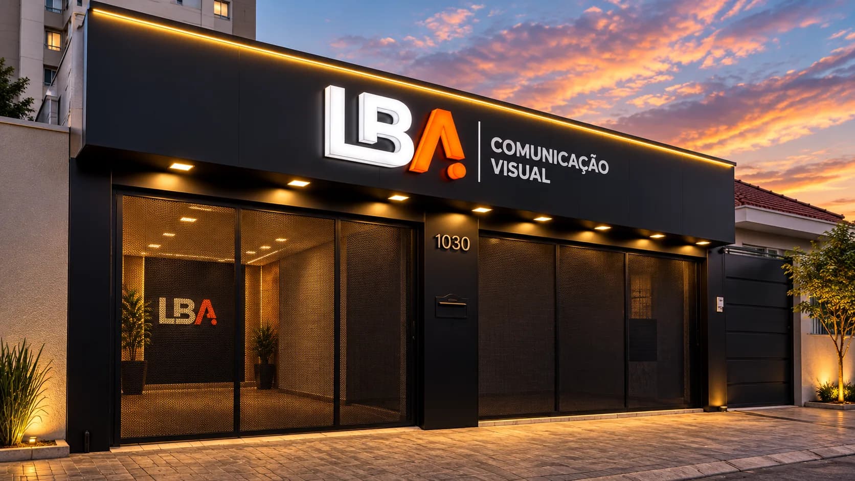 Fachada da LBA Comunicação Visual com letras-caixa iluminadas ao entardecer