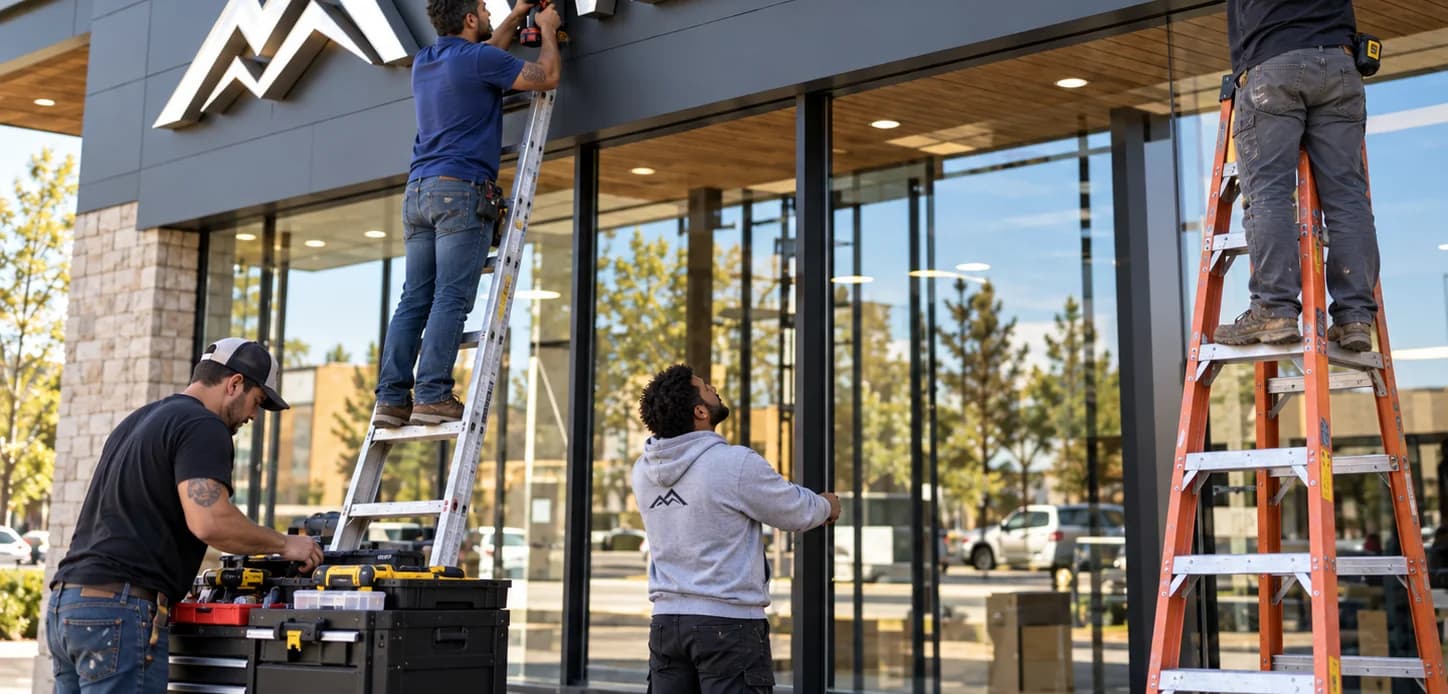 Equipe instalando letras-caixa em uma fachada comercial, com escadas e ferramentas