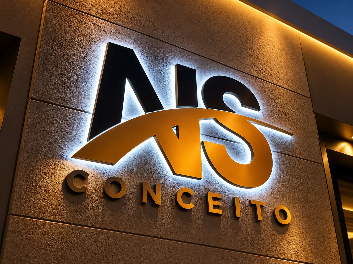 Letreiro da AS Conceito em letras-caixa com iluminação traseira
